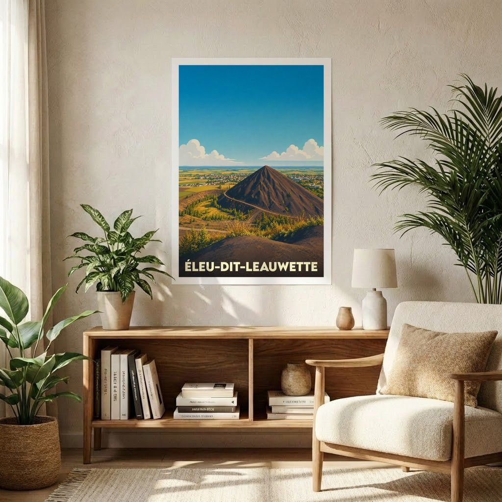 Affiche souvenir de la ville d'Éleu-dit-Leauwette avec une illustration stylisée de ses terrils.