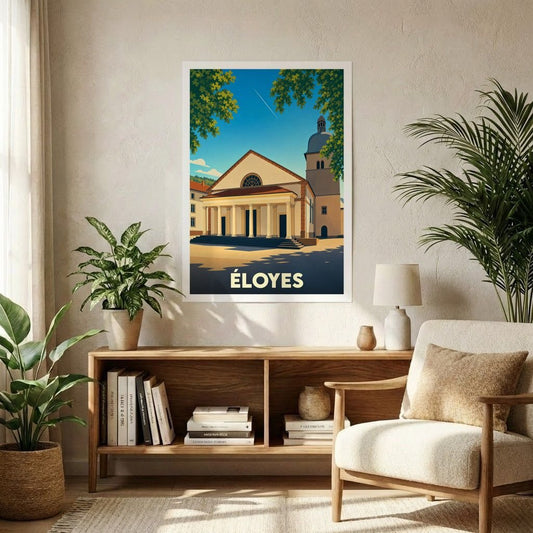 Affiche souvenir de la ville de Éloyes avec une illustration stylisée de son église sous un ciel bleu.