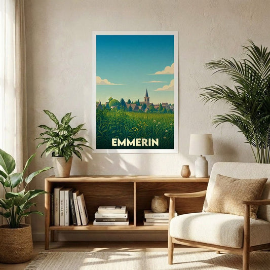 Affiche souvenir de la ville d'Emmerin avec une illustration stylisée d'un paysage champêtre et son clocher.