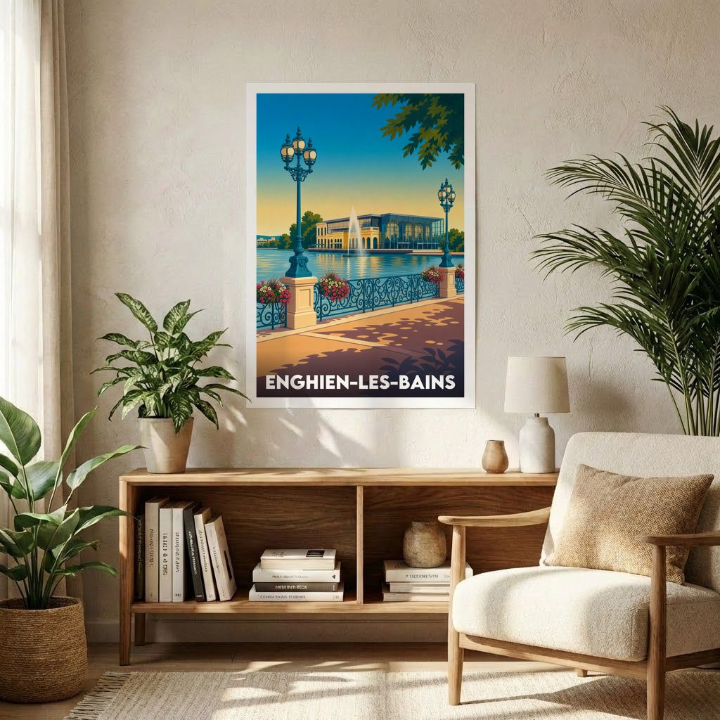 Affiche souvenir de la ville de Enghien-les-Bains avec une illustration stylisée.