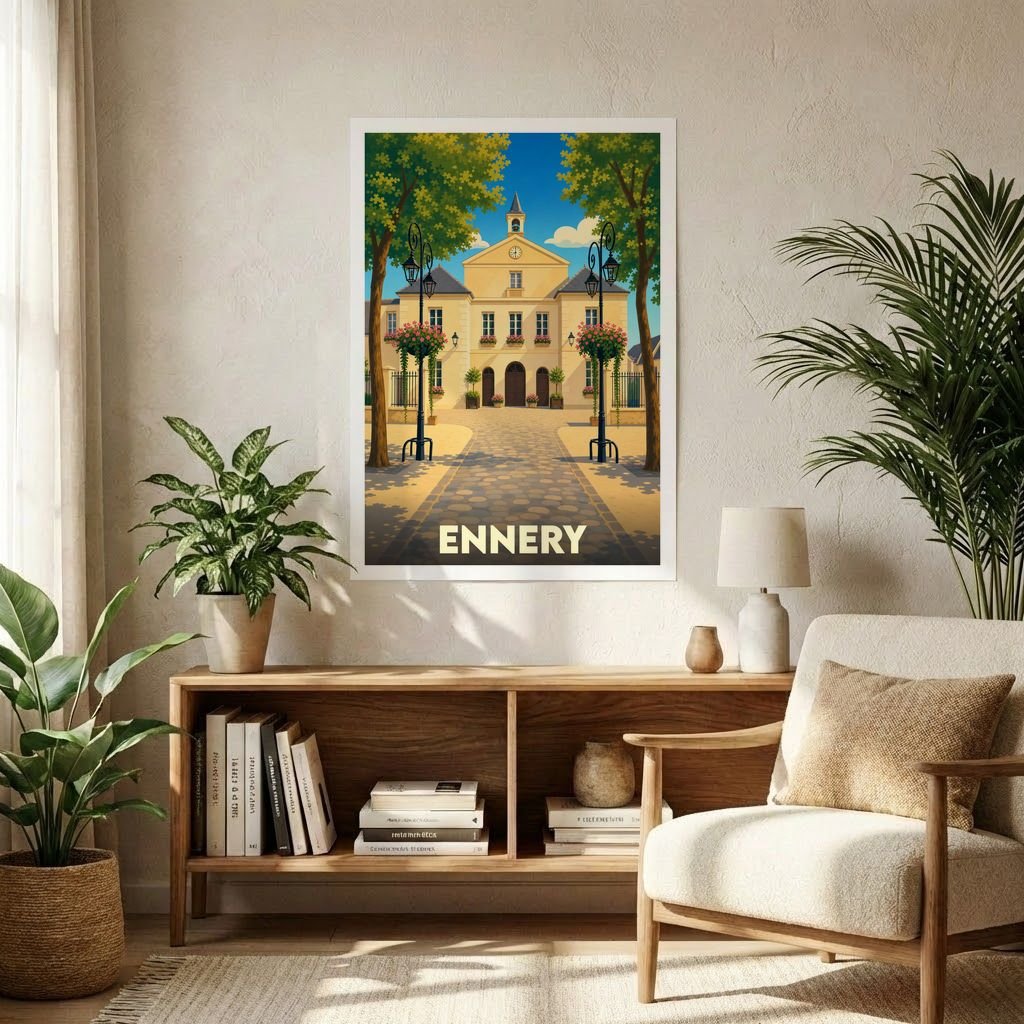 Affiche souvenir de la ville d'Ennery avec une illustration stylisée de sa mairie.