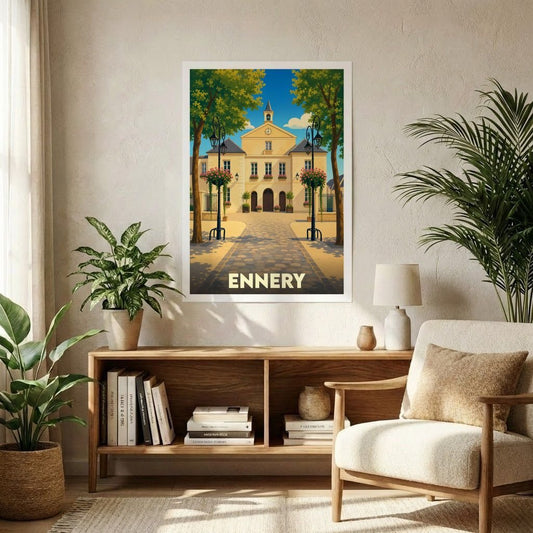 Affiche souvenir de la ville d'Ennery avec une illustration stylisée de sa mairie.