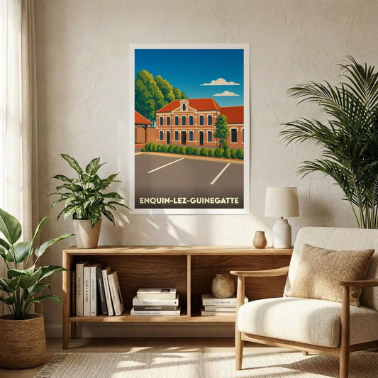 Affiche souvenir de la ville d'Enquin-lez-Guinegatte avec une illustration stylisée de sa mairie.