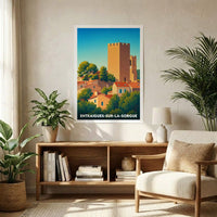 Affiche de la ville d'Entraigues-sur-la-Sorgue présentant une illustration stylisée et colorée de ses paysages provençaux.