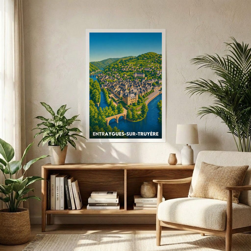 Affiche souvenir de la ville d'Entraygues-sur-Truyère avec une illustration stylisée.