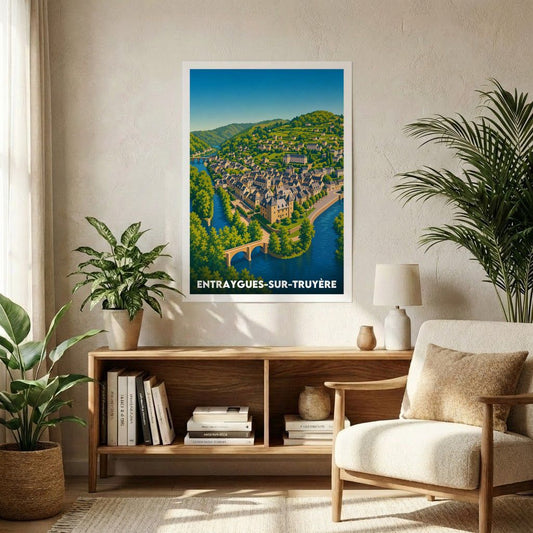 Affiche souvenir de la ville d'Entraygues-sur-Truyère avec une illustration stylisée.