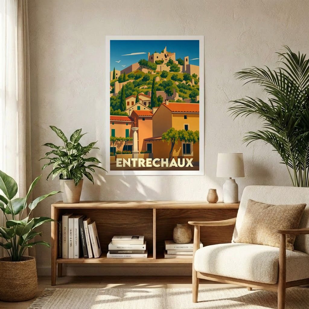 Affiche souvenir de la ville d'Entrechaux avec une illustration stylisée d'un village provençal escarpé.