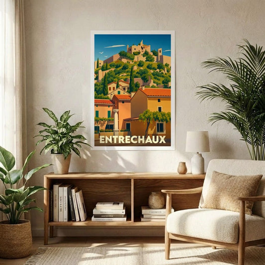 Affiche souvenir de la ville d'Entrechaux avec une illustration stylisée d'un village provençal escarpé.