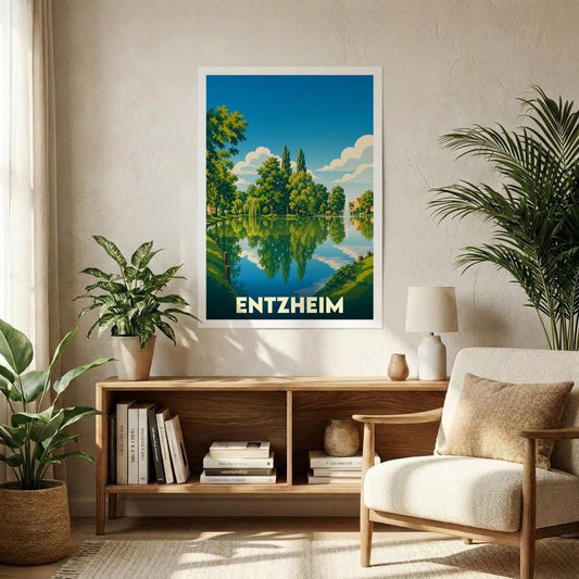 Affiche souvenir de la ville d'Entzheim représentant une illustration stylisée d'un lac entouré de verdure.
