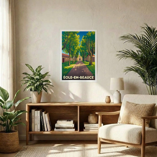 Affiche souvenir de la ville de Éole-en-Beauce représentant une allée arborée dans un style graphique rétro.