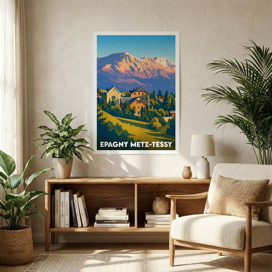 Affiche souvenir de la ville d'Epagny Metz-Tessy avec une illustration stylisée de ses paysages montagneux.