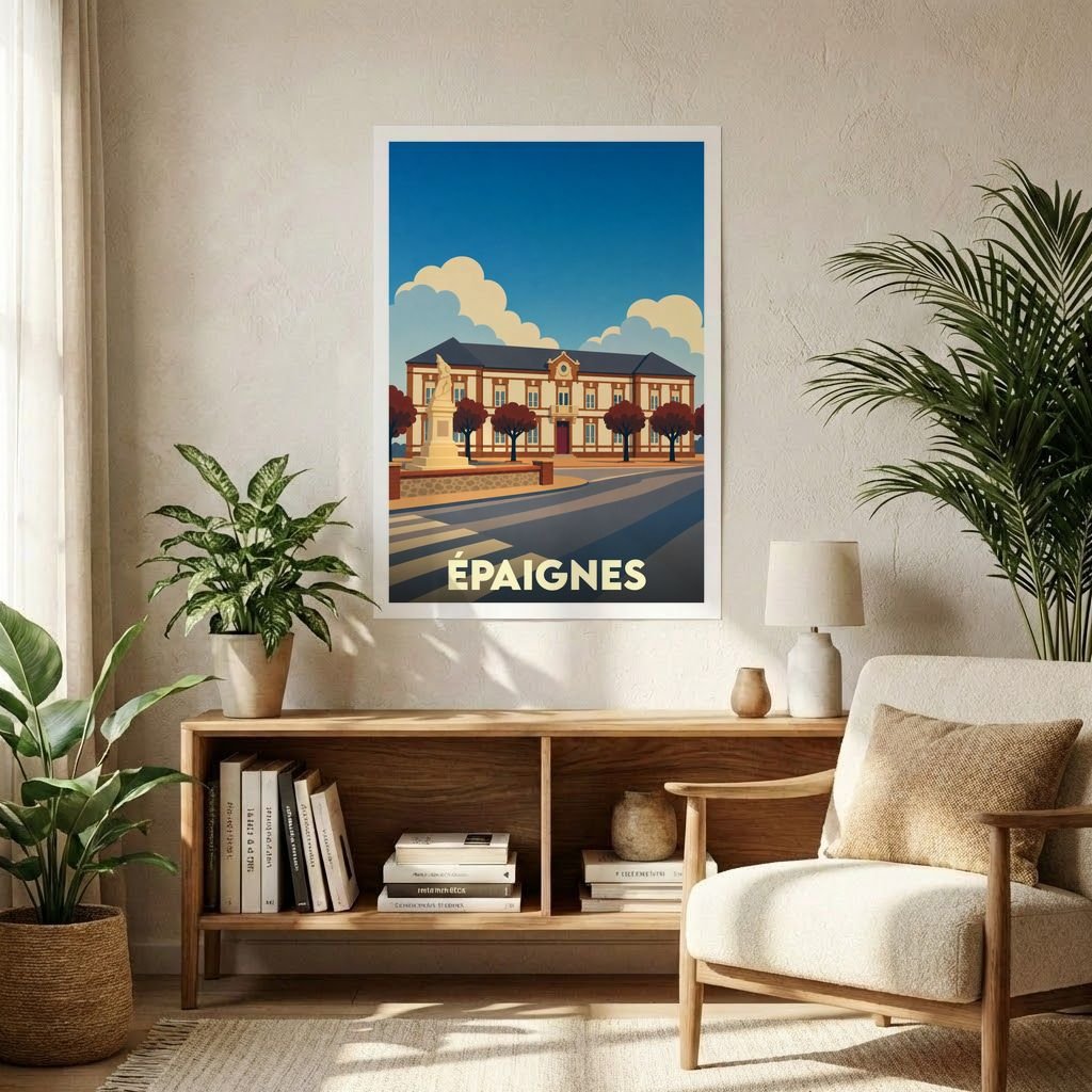 Affiche souvenir de la ville d'Épaignes avec une illustration stylisée de son architecture locale.