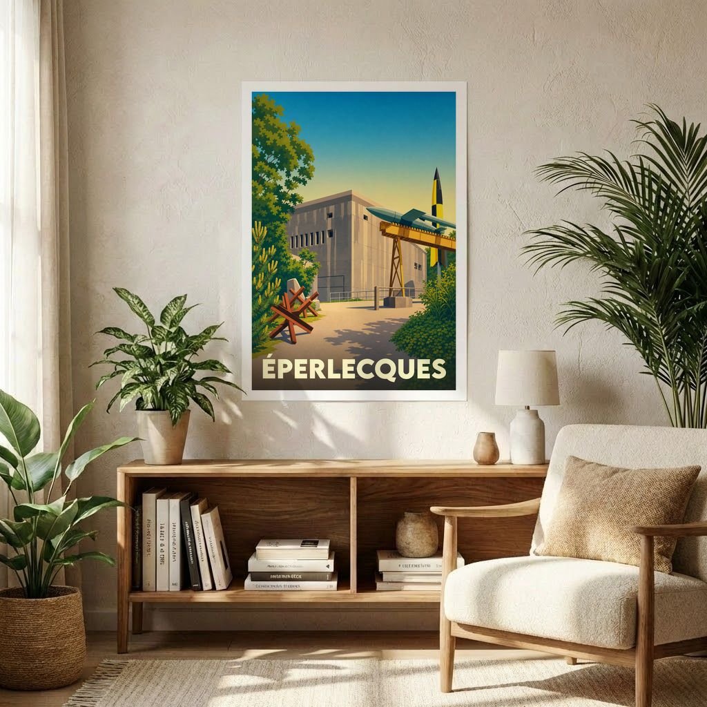 Affiche souvenir de la ville d'Éperlecques représentant le blockhaus et des fusées historiques dans un style rétro.