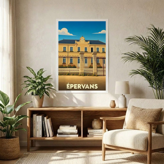 Affiche souvenir de la ville d'Épervans présentant une illustration stylisée de sa mairie sous un ciel bleu.