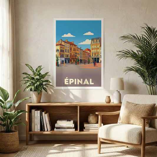Affiche souvenir de la ville d'Épinal avec une illustration stylisée.
