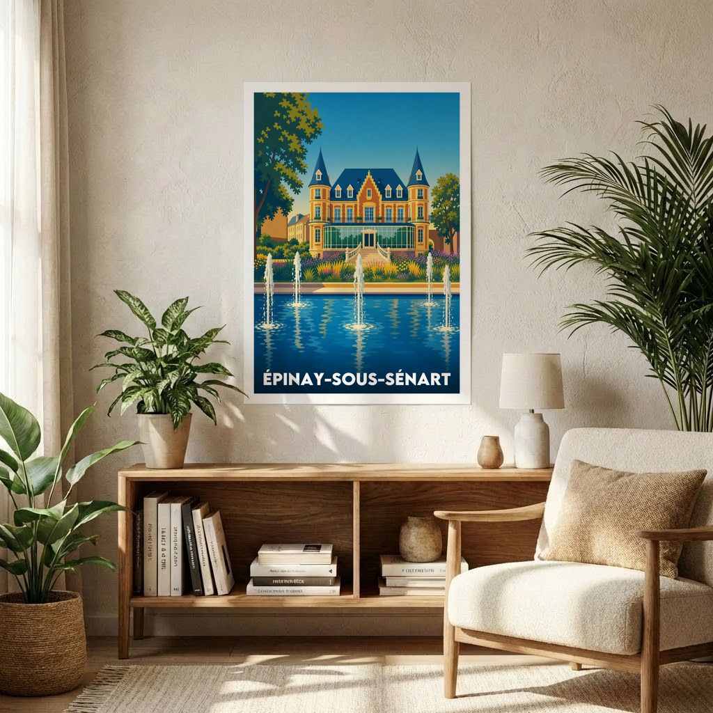 Affiche souvenir de la ville d'Épinay-sous-Sénart avec une illustration stylisée d'un château et de ses fontaines.