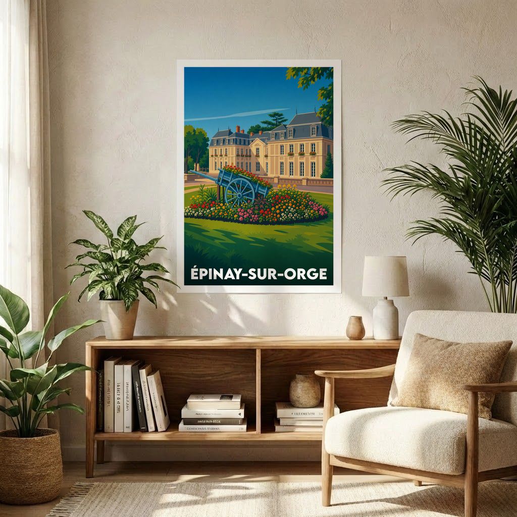 Affiche souvenir de la ville d’Épinay-sur-Orge avec une illustration stylisée d’un château et d’une charrette fleurie.