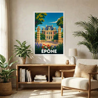 Affiche souvenir de la ville d'Épône présentant une illustration stylisée d'un château derrière une grille monumentale.
