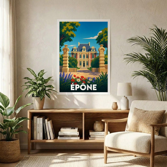 Affiche souvenir de la ville d'Épône présentant une illustration stylisée d'un château derrière une grille monumentale.