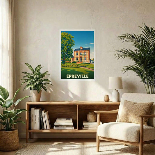 Affiche souvenir de la ville d'Épreville avec une illustration stylisée d'une maison de maître dans un cadre verdoyant.