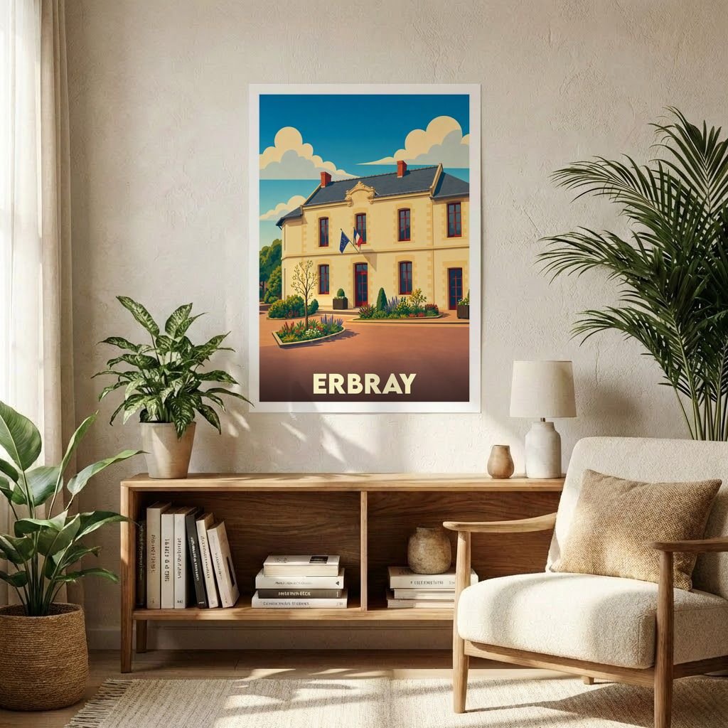 Affiche souvenir de la ville d'Erbray représentant sa mairie dans un style graphique rétro.