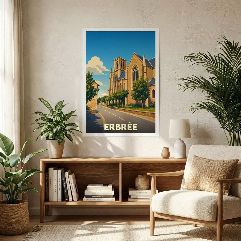 Affiche souvenir de la ville d'Erbrée avec une illustration stylisée de son église et de ses rues.