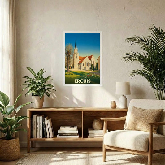 Affiche souvenir de la ville de Ercuis avec une illustration stylisée d'une église sous un ciel bleu.