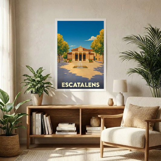 Affiche souvenir de la ville d'Escatalens avec une illustration stylisée d'une place ensoleillée et de sa fontaine.