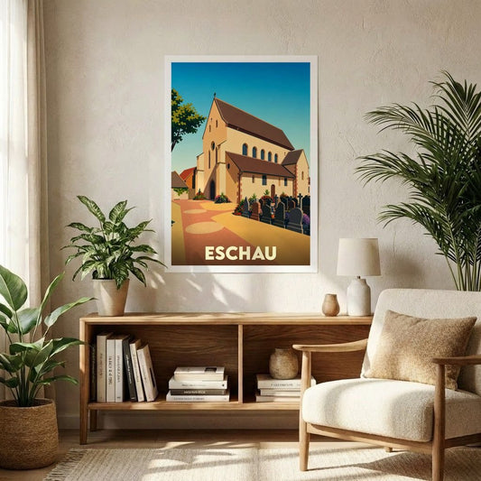 Affiche souvenir de la ville d'Eschau avec une illustration stylisée de son église et de son cimetière.