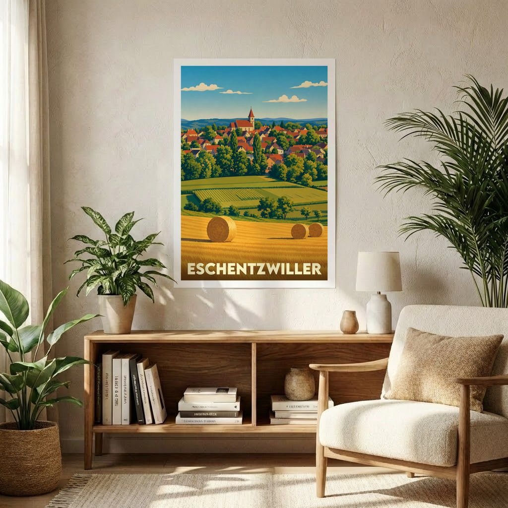 Affiche souvenir de la ville de Eschentzwiller avec une illustration stylisée de son paysage rural.