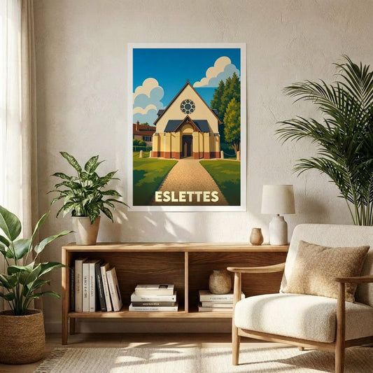 Affiche souvenir de la ville de Eslettes illustrant son église dans un style graphique épuré.