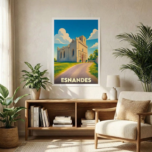 Affiche souvenir de la ville d'Esnandes avec une illustration stylisée d'une église fortifiée.