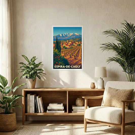 Affiche souvenir de la ville d'Espira-de-l'Agly avec une illustration stylisée d'un paysage de vignobles et de montagnes.