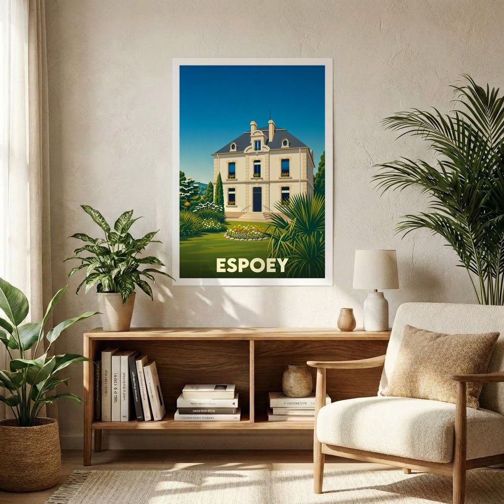 Affiche souvenir de la ville d'Espoey représentant une maison de maître entourée d'un jardin luxuriant dans un style illustré.