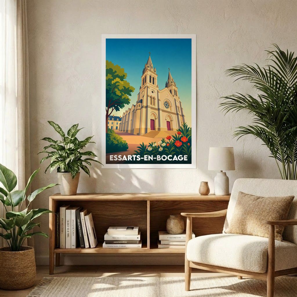 Affiche souvenir de la ville de Essarts-en-Bocage avec une illustration stylisée de son église.