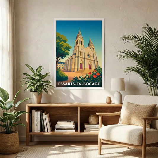 Affiche souvenir de la ville de Essarts-en-Bocage avec une illustration stylisée de son église.