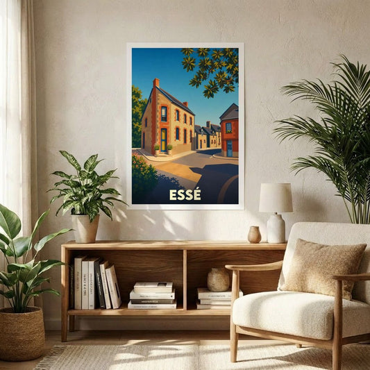 Affiche souvenir de la ville d'Essé avec une illustration stylisée et colorée de ses rues.
