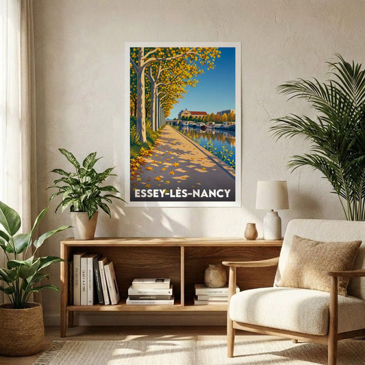 Affiche souvenir de la ville de Essey-lès-Nancy avec une illustration stylisée d'un canal en automne.