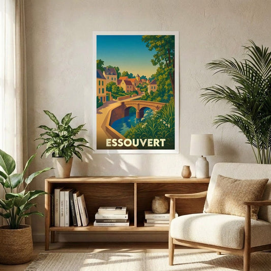 Affiche souvenir de la ville d'Essouvert représentant une illustration stylisée d'un village pittoresque avec un pont de pierre.