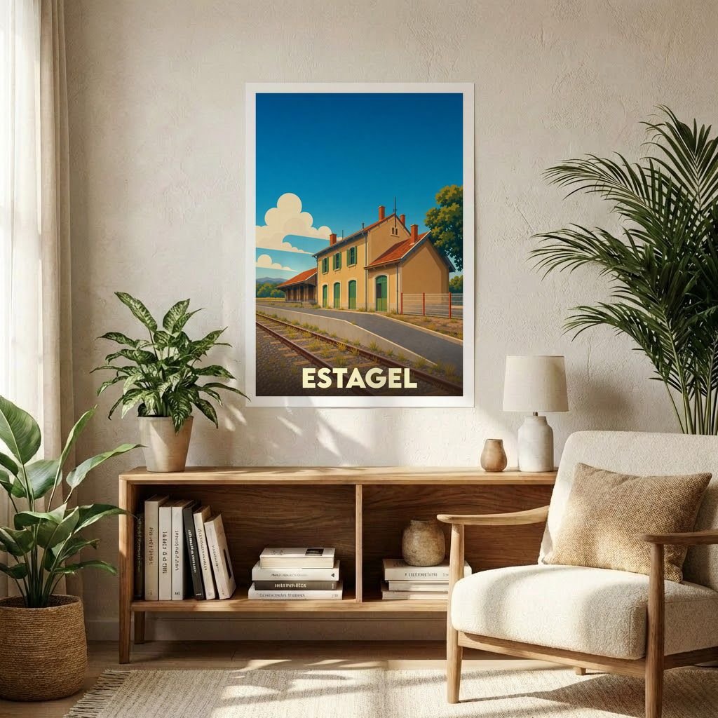 Affiche souvenir de la ville d'Estagel représentant sa gare ferroviaire dans un style graphique rétro.