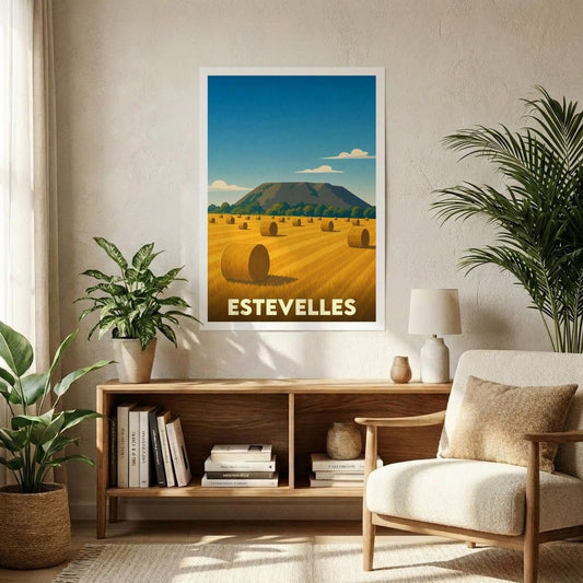 Affiche souvenir de la ville d'Estevelles illustrant un champ de meules de foin devant un terril stylisé.