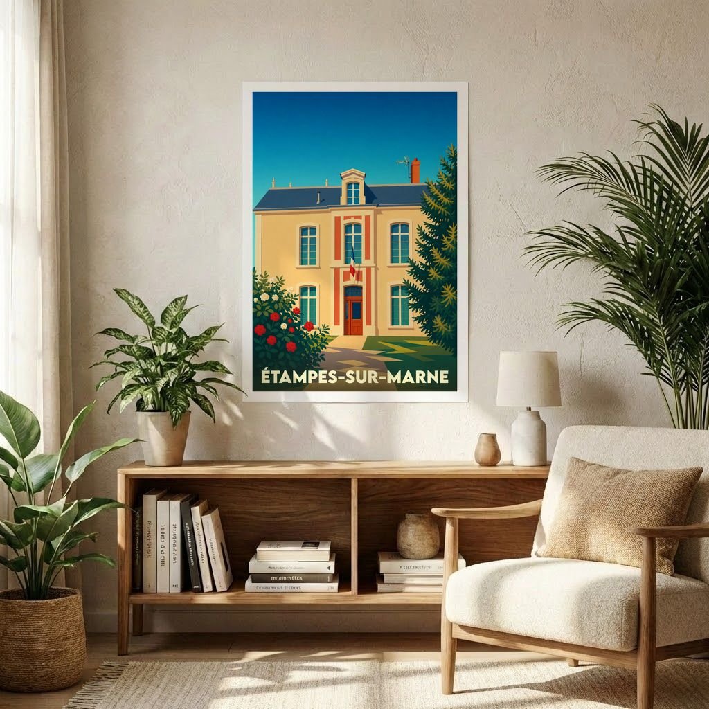 Affiche souvenir de la ville de Étampes-sur-Marne illustrant son hôtel de ville dans un style rétro et coloré.