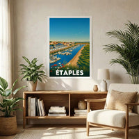 Affiche souvenir de la ville d’Étaples avec une illustration stylisée de son port.