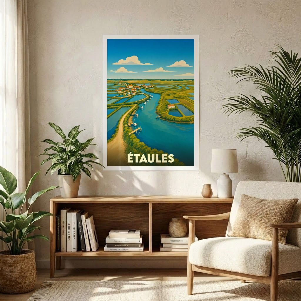 Affiche souvenir de la ville d'Étaules représentant ses marais et ses chenaux avec une illustration stylisée.