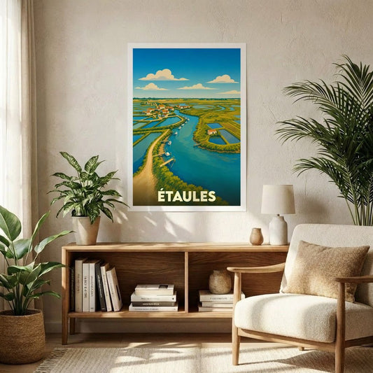 Affiche souvenir de la ville d'Étaules représentant ses marais et ses chenaux avec une illustration stylisée.