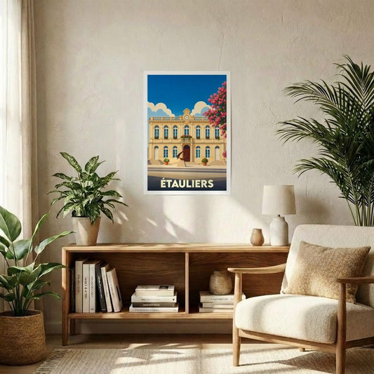 Affiche souvenir de la ville de Étauliers avec une illustration stylisée de son hôtel de ville.