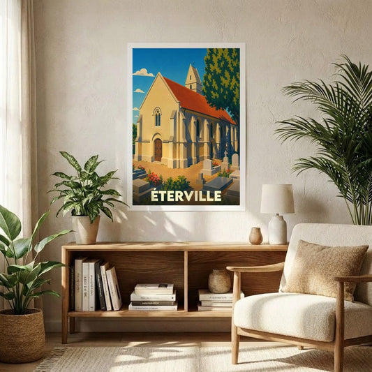 Affiche souvenir de la ville d'Éterville représentant son église et son cimetière dans un style illustré.
