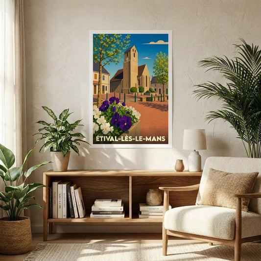 Affiche souvenir de la ville d'Étival-lès-le-Mans avec une illustration stylisée d'une église et de fleurs.