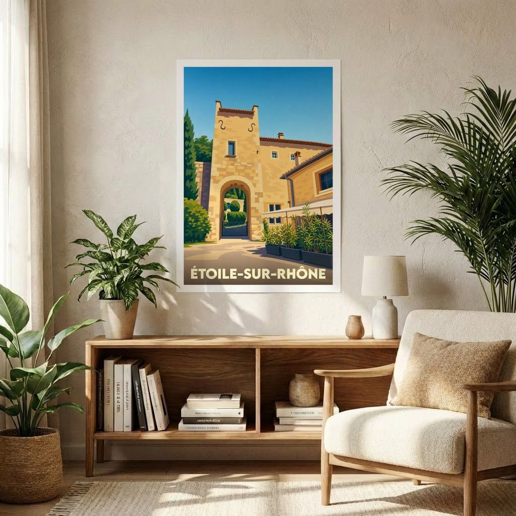 Affiche souvenir de la ville de Étoile-sur-Rhône avec une illustration stylisée de son patrimoine architectural.