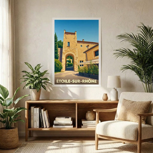 Affiche souvenir de la ville de Étoile-sur-Rhône avec une illustration stylisée de son patrimoine architectural.
